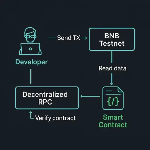 BNB Testnet RPC connection diagram showing developer, decentralized RPC, and smart contract interaction flow