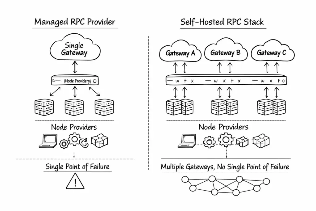 Self-hosted RPC stack vs managed RPC architecture diagram